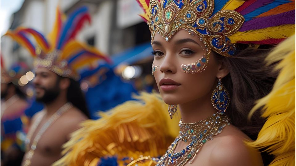Eine Frau in einem bunten Karnevalskostüm mit Federn und Schmuck.