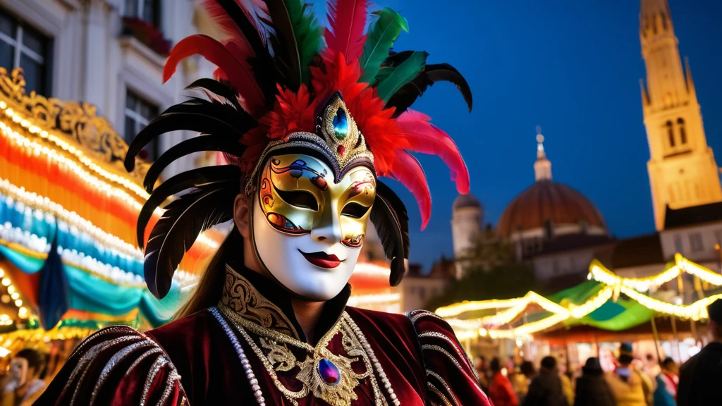 Eine Person in einer bunten Maske und Kostüm beim Karneval, umgeben von festlicher Beleuchtung.