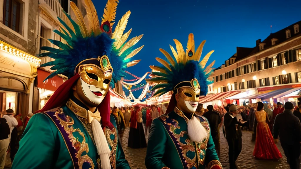 Zwei maskierte Personen in farbenfrohen Kostümen auf einem Karneval.