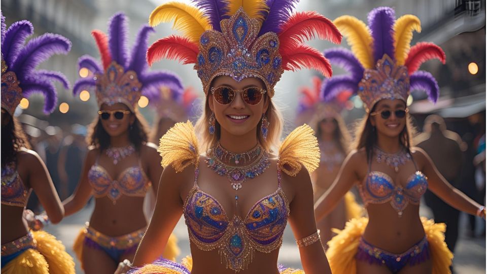 Drei Frauen in bunten Karnevalskostümen mit Federn und Glitzer lächeln fröhlich.