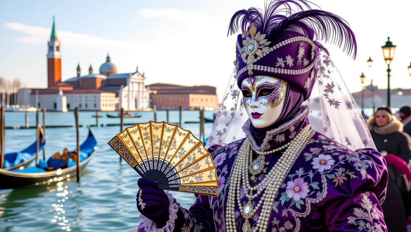 Eine elegant gekleidete Person mit einer Maske und Fächer beim Karneval in Venedig.
