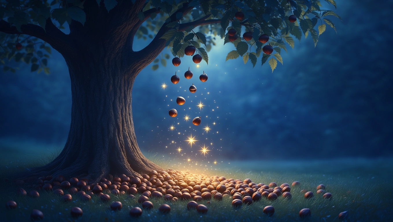 Ein Kastanienbaum mit leuchtenden Kastanien und funkelnden Sternen im Gras.