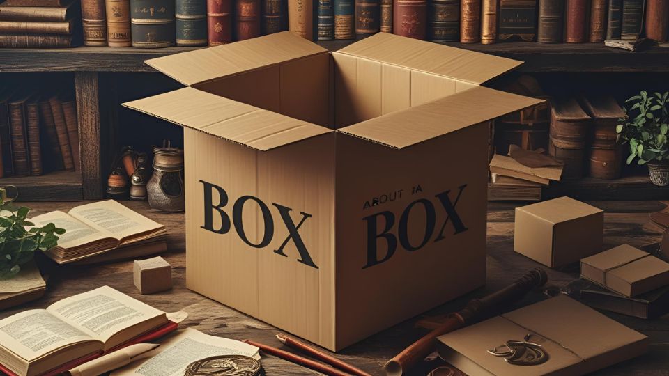 Eine offene Kiste auf einem Tisch, umgeben von Büchern und Notizen.