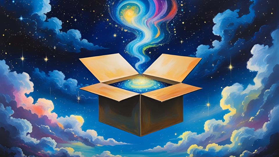 Eine geöffnete Kiste, aus der bunte, leuchtende Energie in den Himmel strömt.