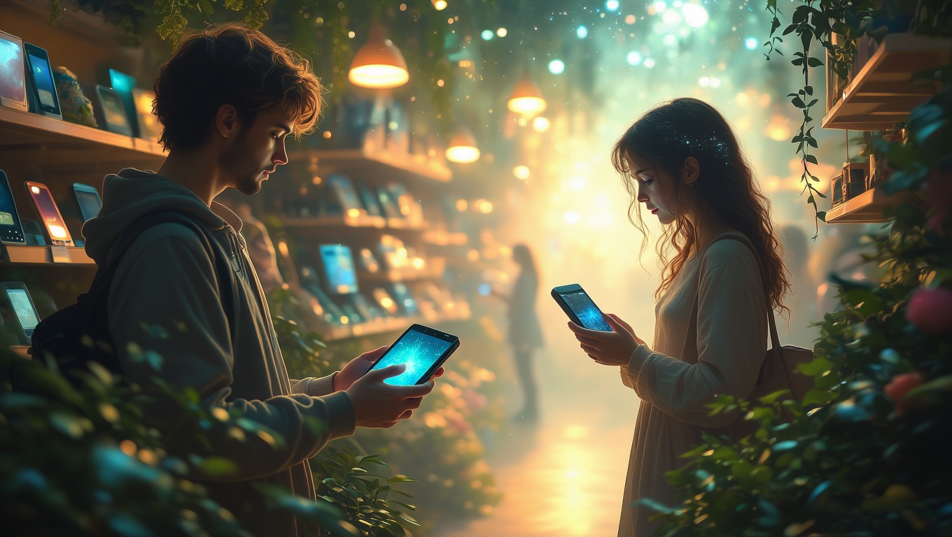 Zwei Personen in einem magischen Kaufhaus, die Smartphones betrachten.