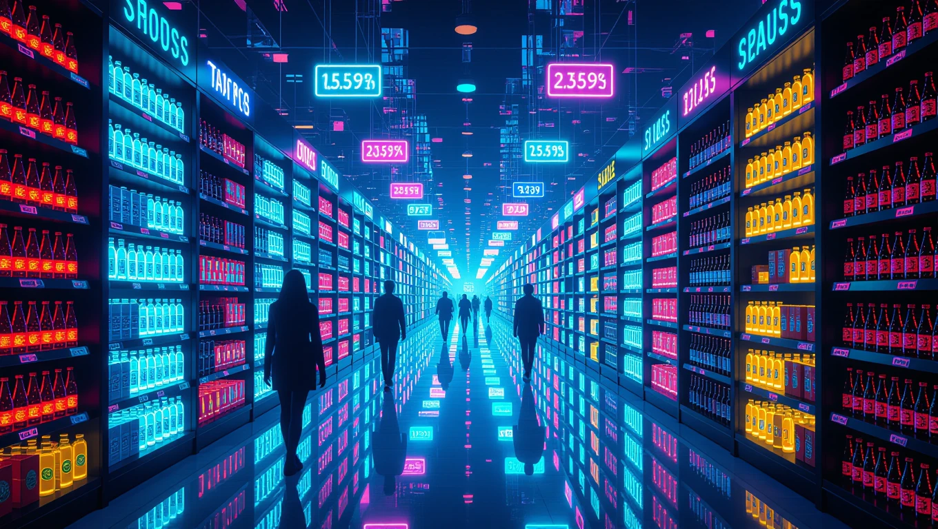 Ein futuristischer Supermarkt mit bunten Regalen und leuchtenden Preisen.