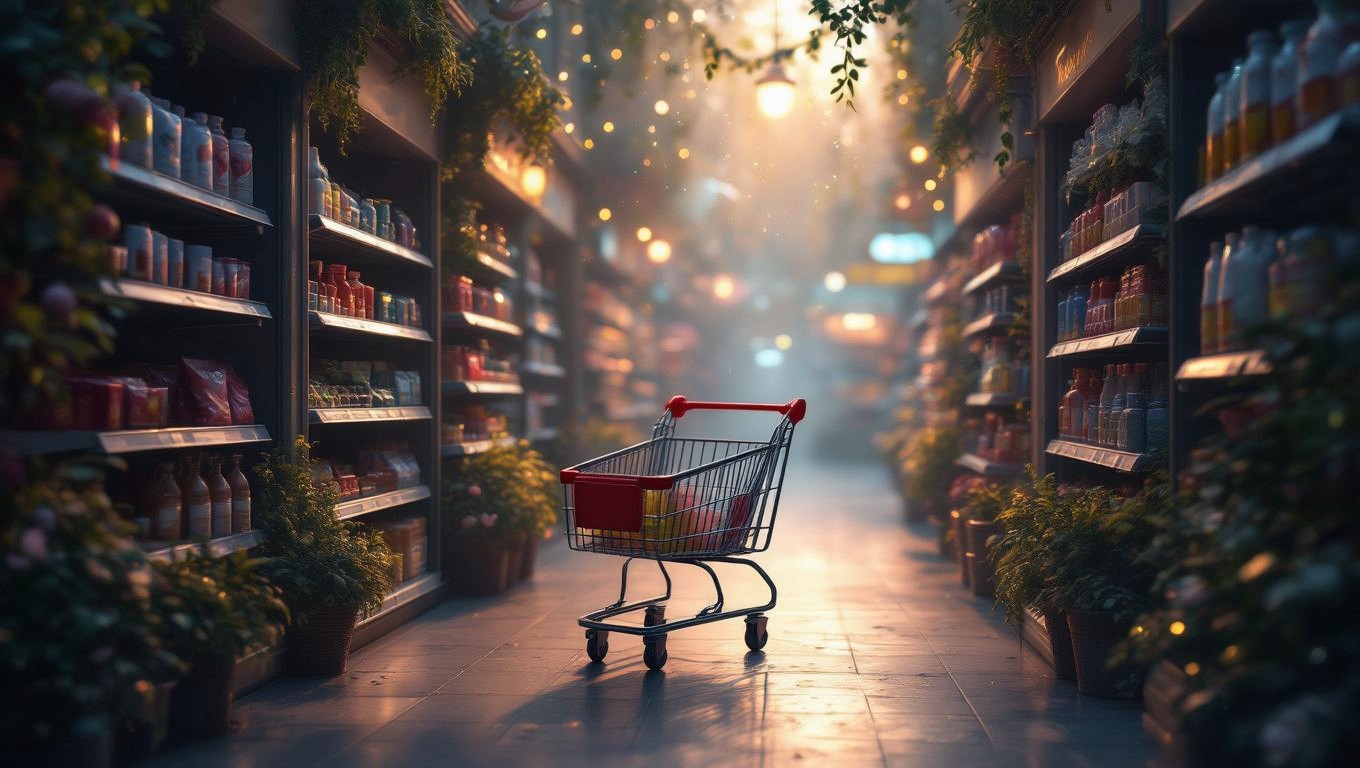 Ein leeres Kaufhaus mit Regalen voller Produkte und einem Einkaufswagen.