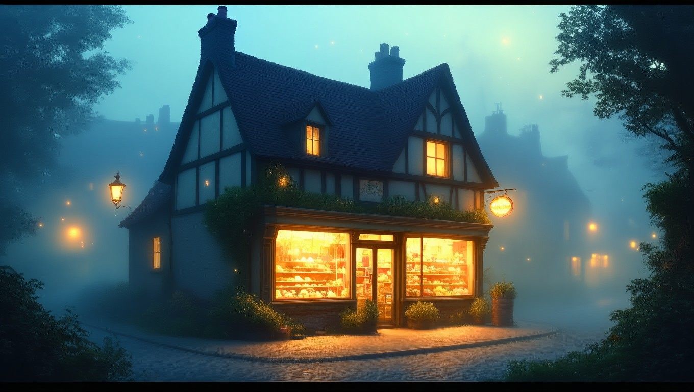 Ein magisches Kaufhaus in der Dämmerung, erleuchtet von warmem Licht.