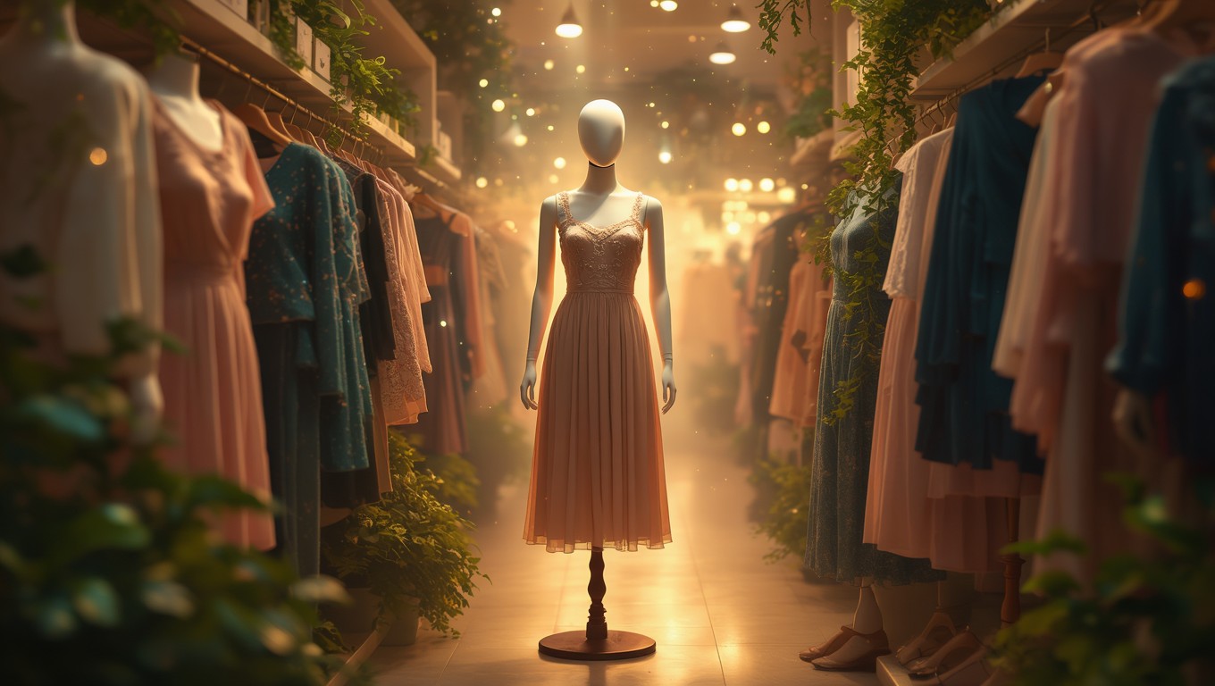 Eine elegante Schaufensterpuppe in einem stilvollen Kaufhaus mit Kleidern.