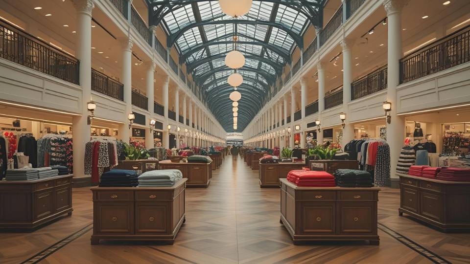 Ein eleganter Kaufhausgang mit Regalen voller Kleidung und Pflanzen.