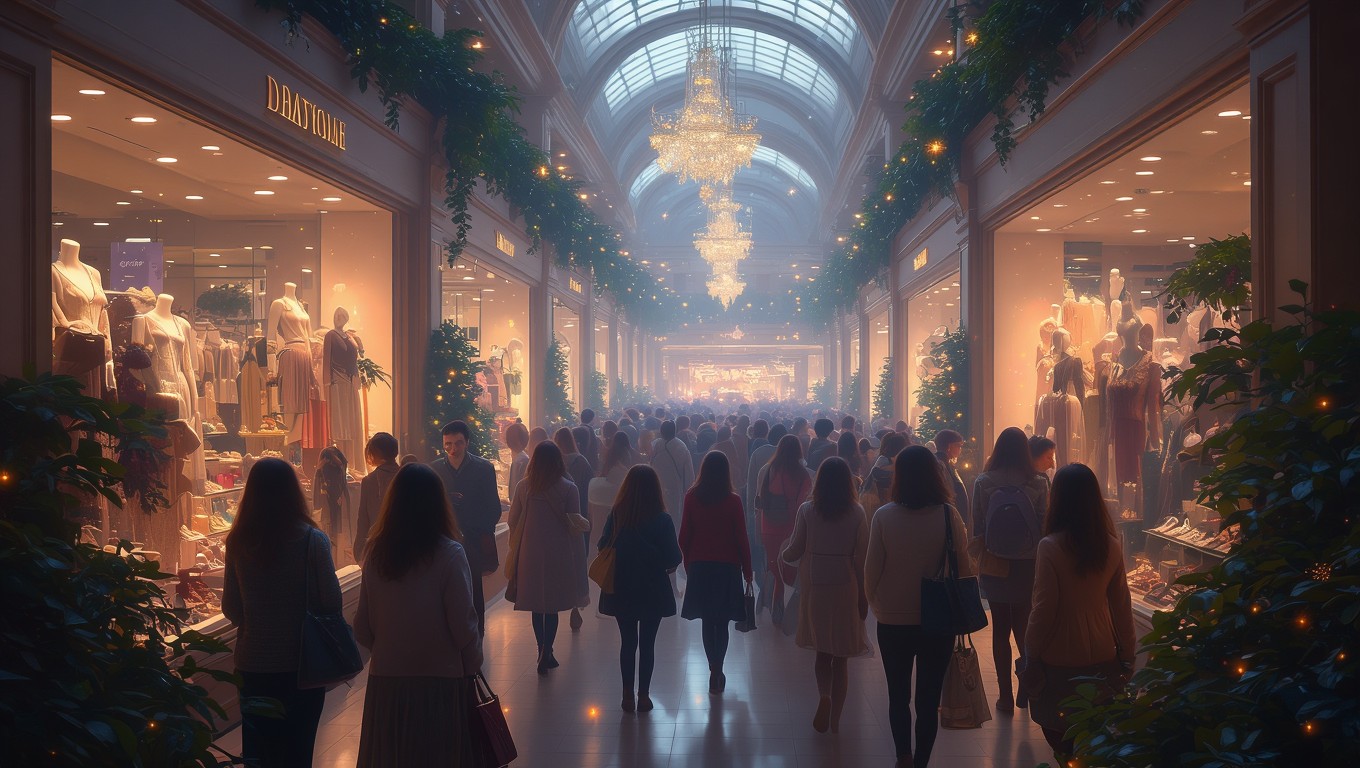 Ein belebtes Kaufhaus mit vielen Menschen, die zwischen Geschäften schlendern.
