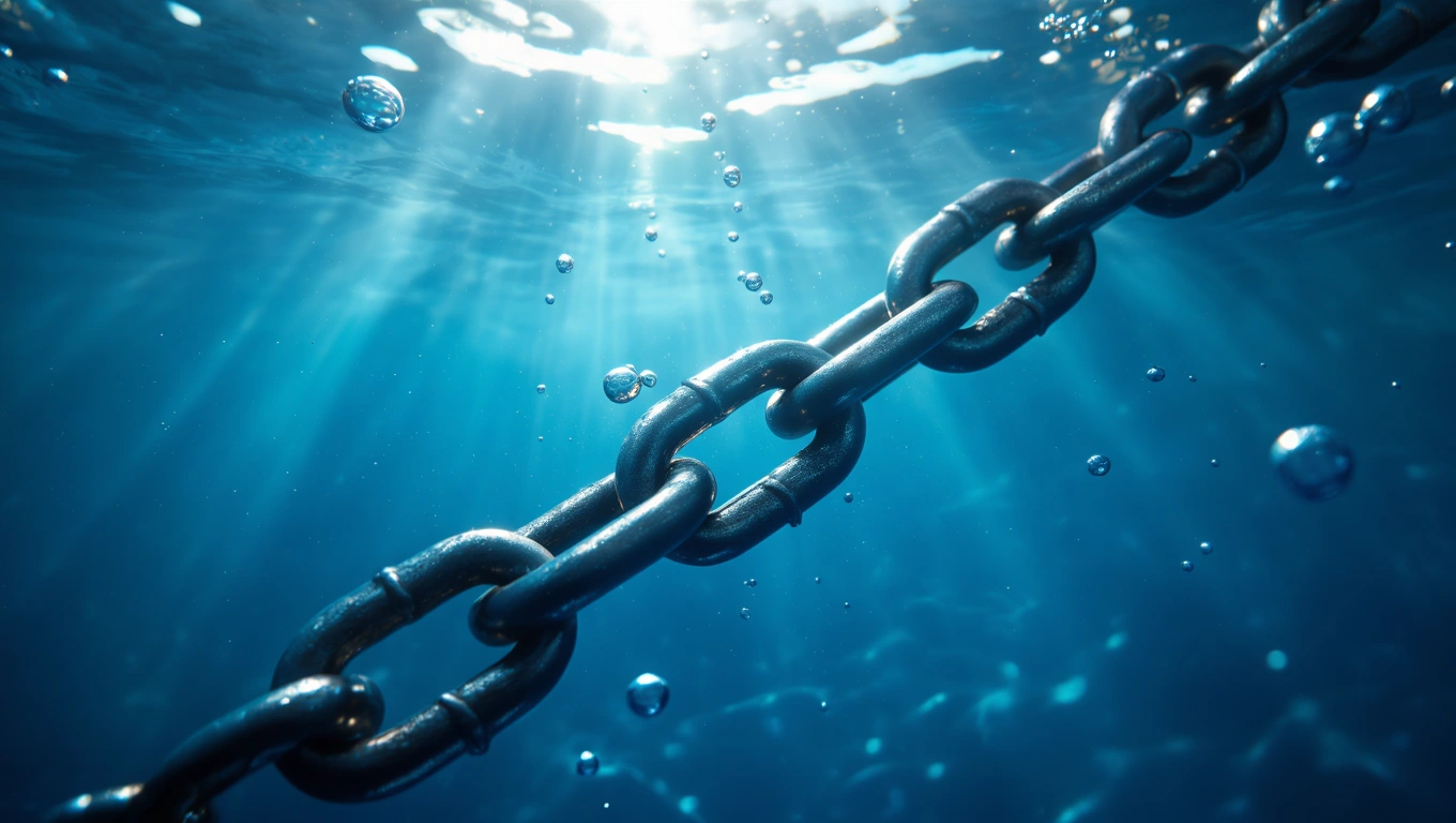 Eine Kette schwebt unter Wasser, umgeben von Luftblasen und Lichtstrahlen.