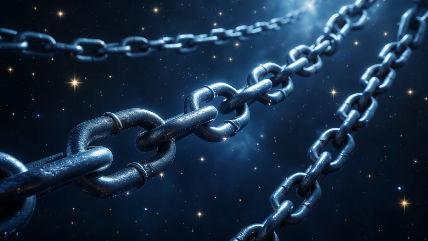 Eine Kette schimmert im Weltraum, symbolisiert Verbindungen und Bindungen.