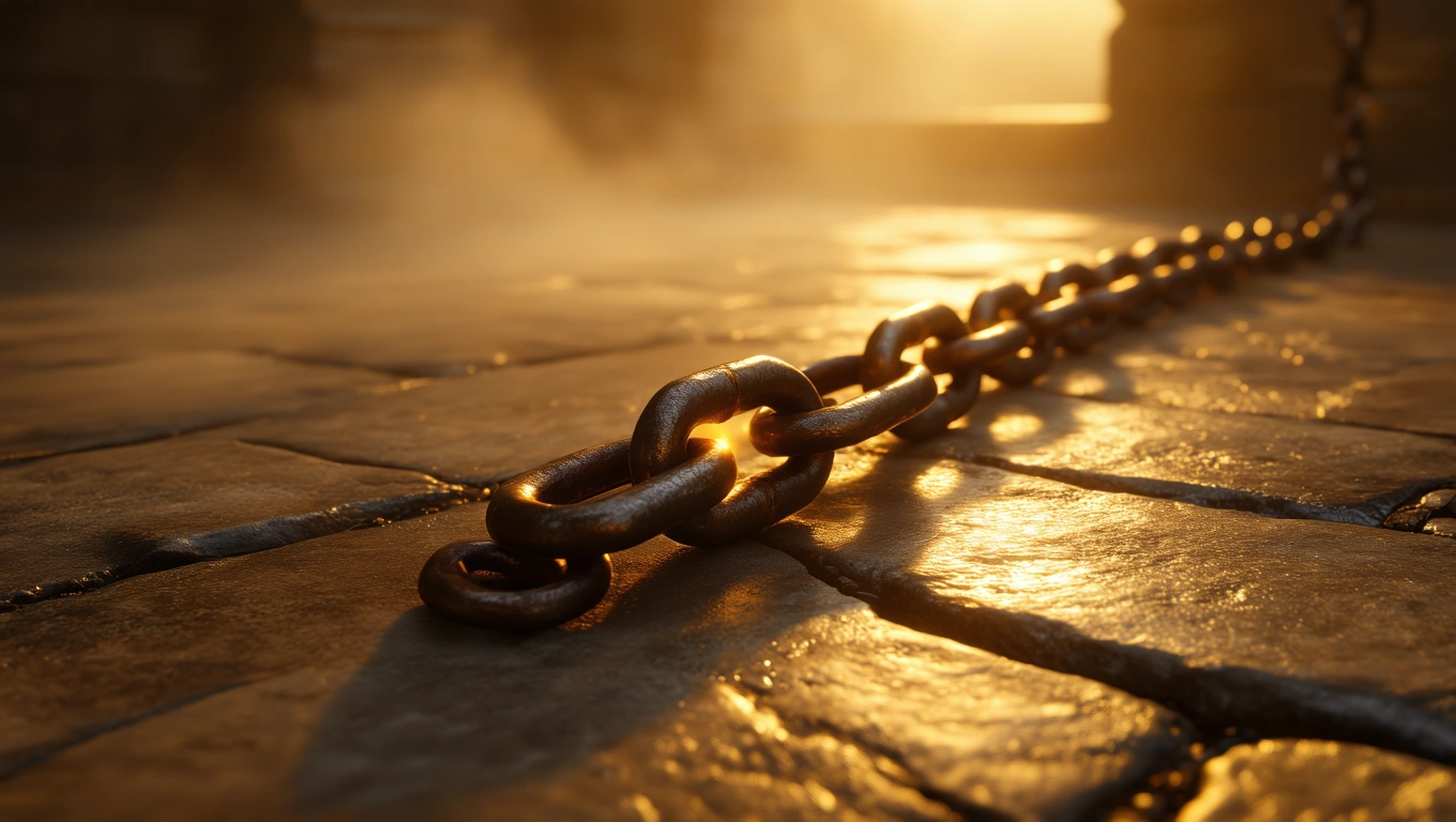 Eine glänzende Kette liegt auf einem steinernen Boden, symbolisiert Verbindungen.