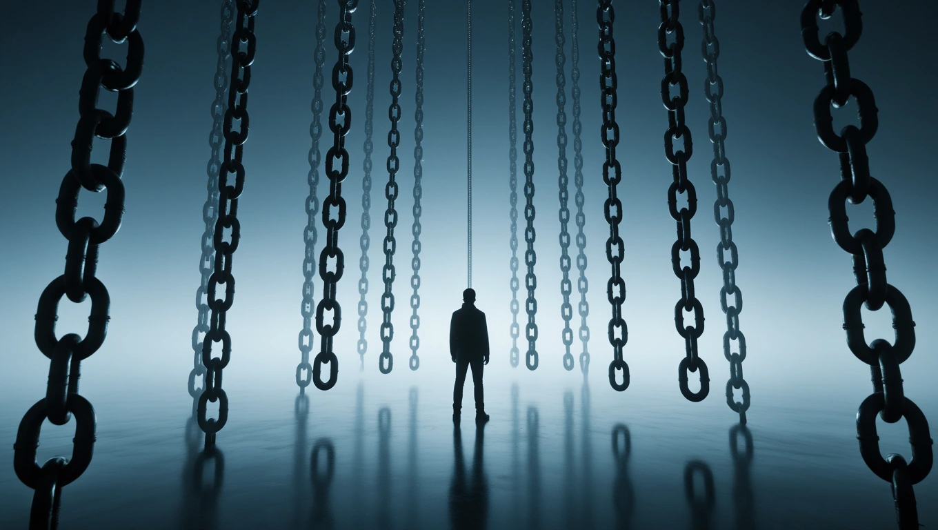 Eine silhouettierte Person steht unter hängenden Ketten in einem nebligen Raum.