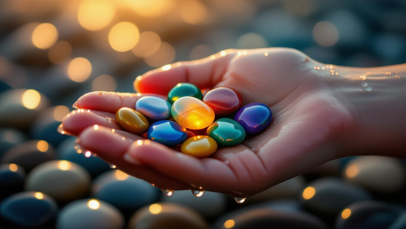 Eine Hand hält bunte Kieselsteine, die im Licht schimmern.