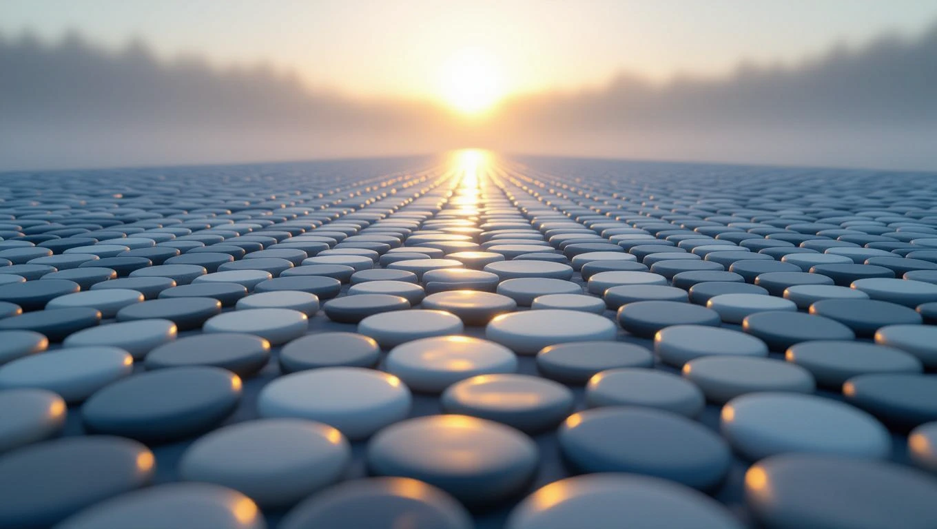 Eine sanfte, schimmernde Kiesfläche erstreckt sich unter einem Sonnenaufgang.