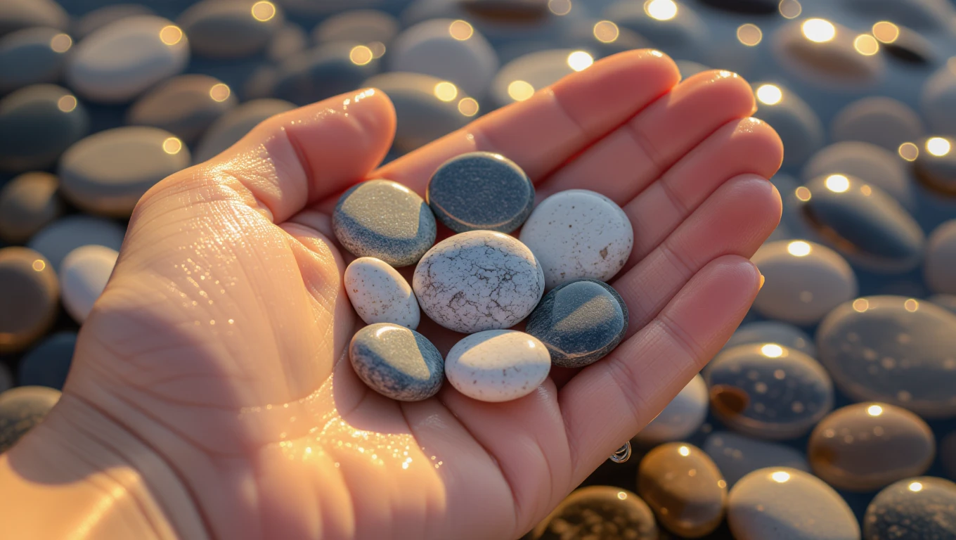 Eine Hand hält verschiedene Kieselsteine, die im Sonnenlicht glänzen.