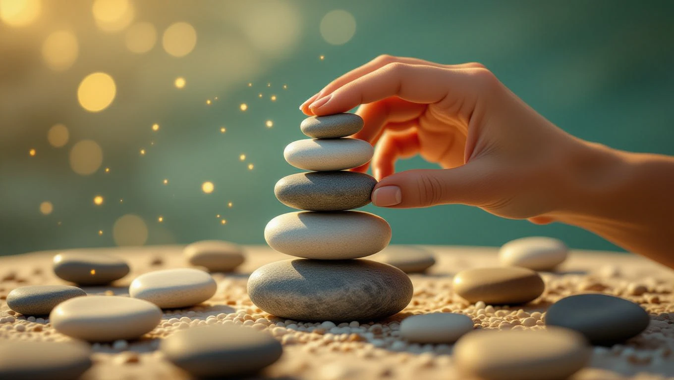 Eine Hand stapelt kleine Steine aufeinander, symbolisiert Stabilität.