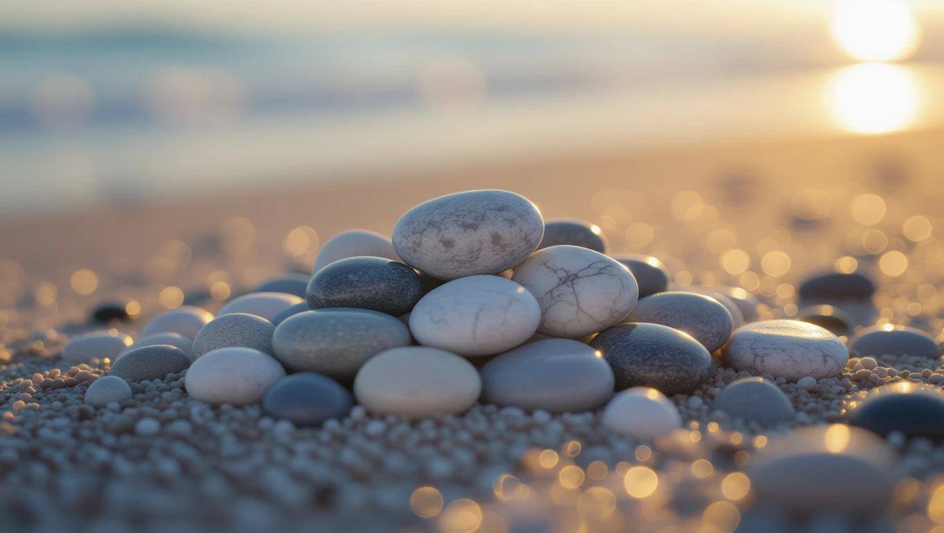Eine Ansammlung von kleinen, glatten Kieselsteinen am Strand bei Sonnenuntergang.