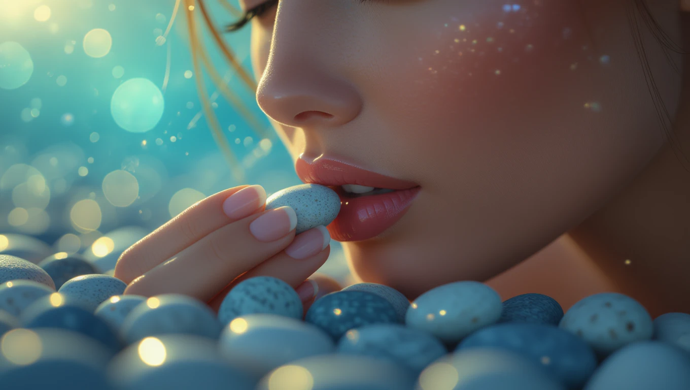 Eine Frau hält einen Kieselstein nahe an ihren Lippen, umgeben von vielen Kieseln.