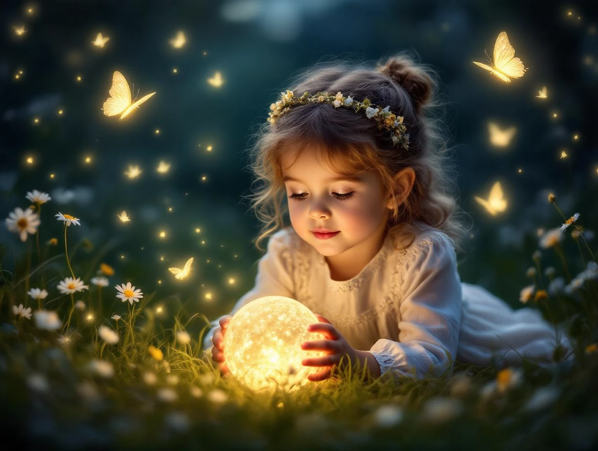 Ein kleines Mädchen sitzt im Gras und betrachtet eine leuchtende Kugel, umgeben von Schmetterlingen.