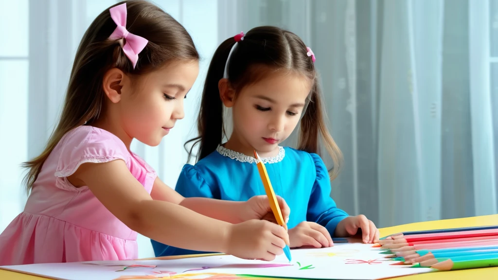 Zwei Mädchen zeichnen konzentriert mit Buntstiften auf Papier.