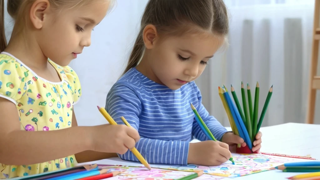 Zwei Kinder zeichnen mit Buntstiften auf Papier, kreativ und konzentriert.