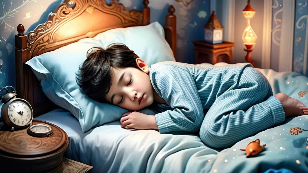 Ein schlafendes Kind in blauen Pyjamas, eingekuschelt im Bett.