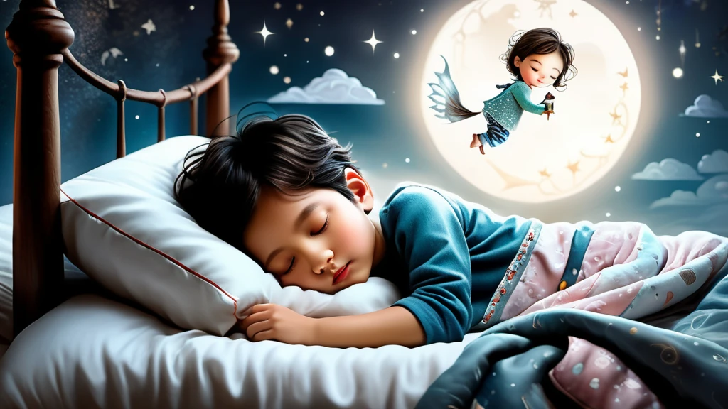 Ein schlafendes Kind träumt von einer fantastischen Welt unter dem Mond.