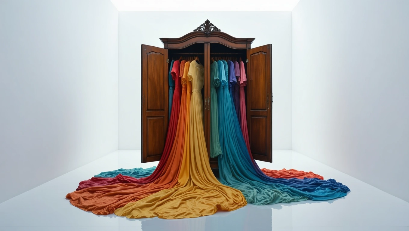 Ein offener Kleiderschrank mit bunten Kleidern, die auf dem Boden liegen.