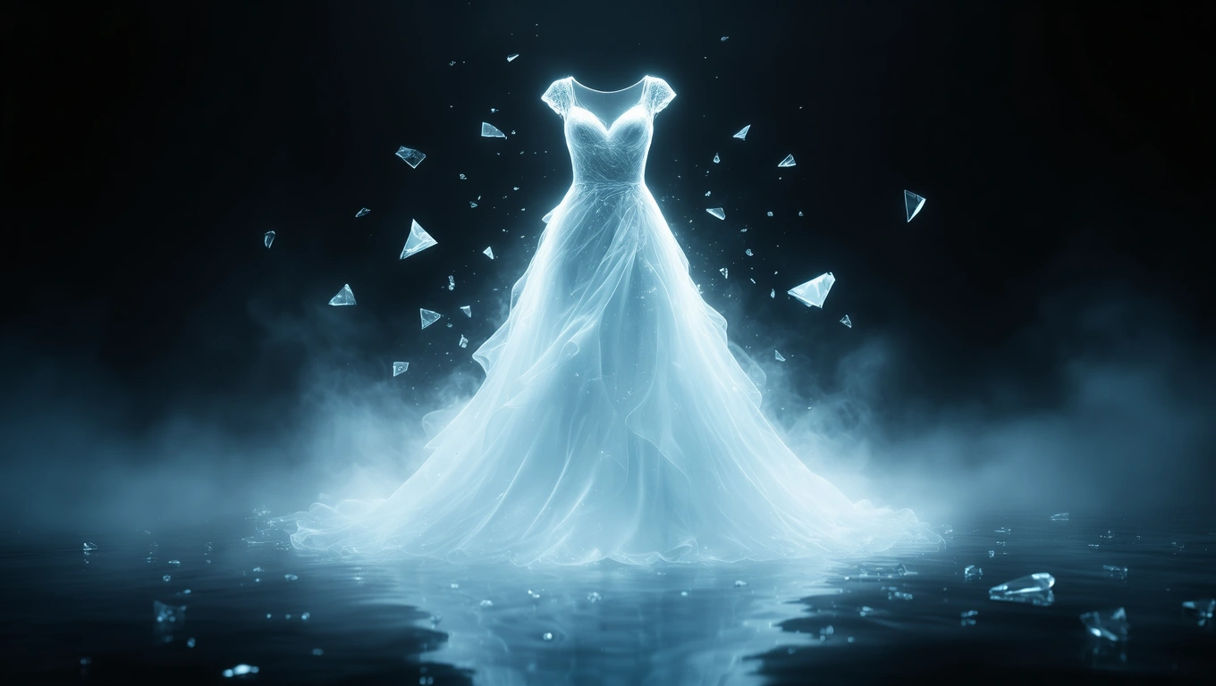 Ein schimmerndes, transparentes Kleid schwebt in einem dunklen Raum, umgeben von glitzernden Fragmenten.