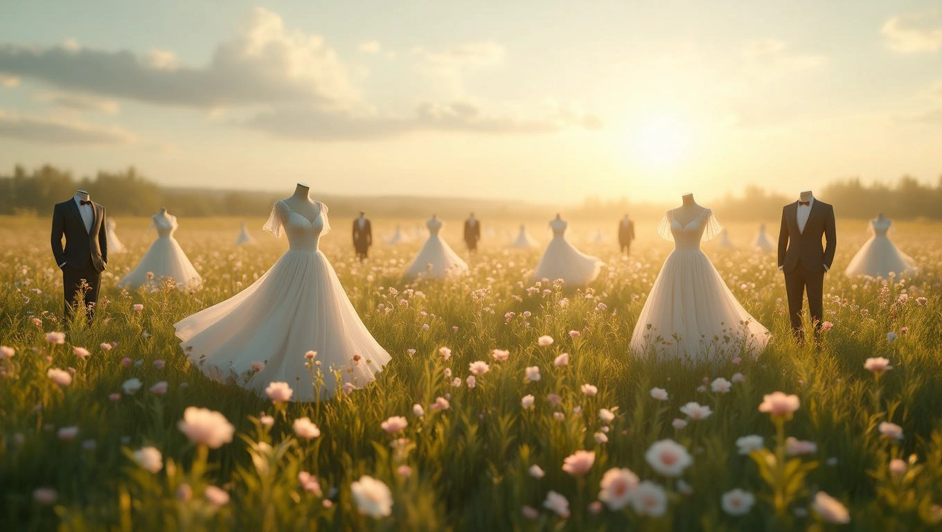 Eine Wiese mit eleganten Hochzeitskleidern und Anzügen auf Ständern im Sonnenlicht.