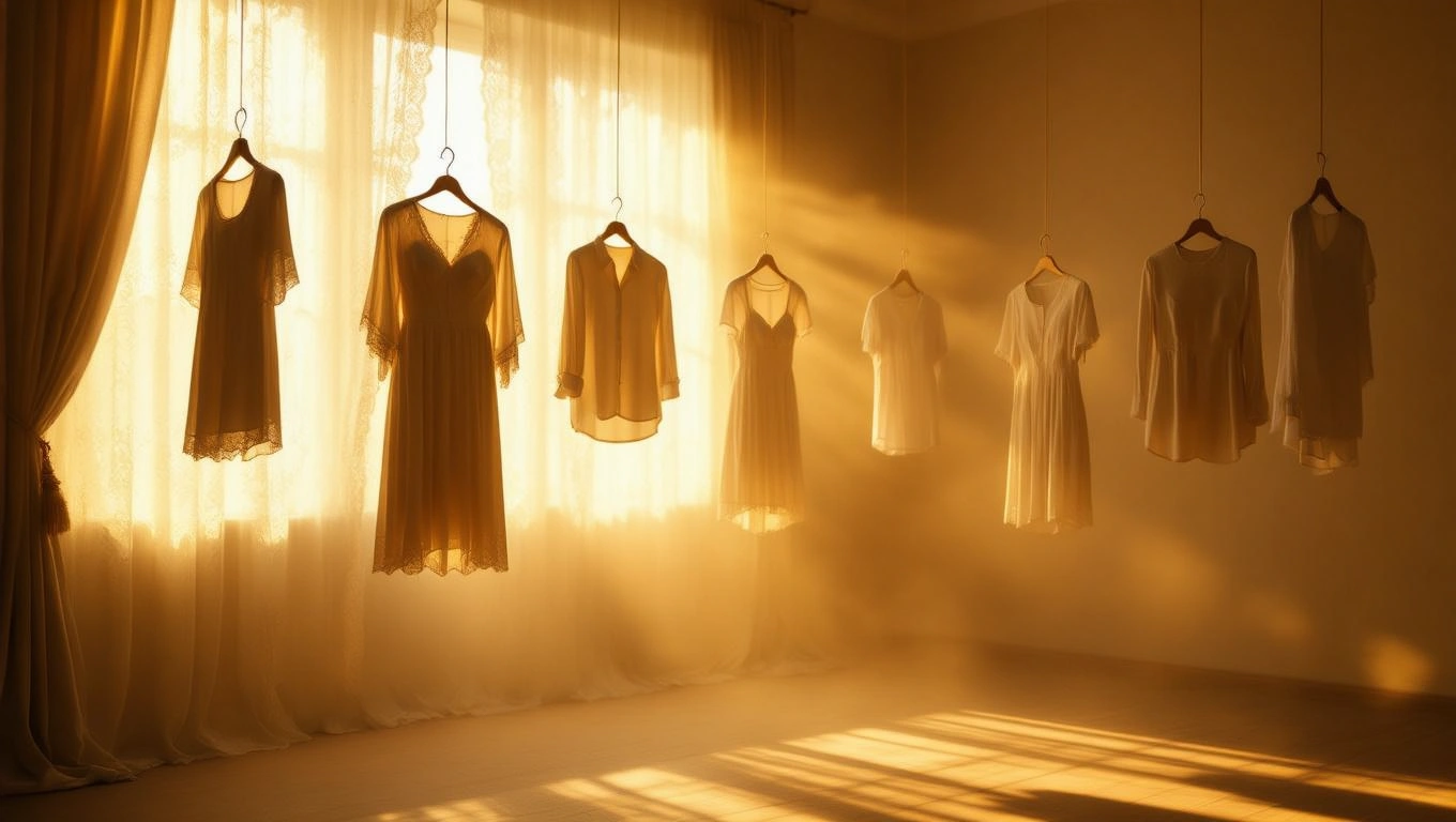 Hängende, helle Kleider in einem sonnendurchfluteten Raum.