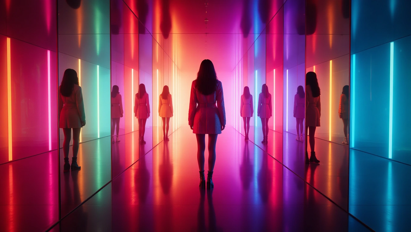 Eine Person steht in einem bunten, beleuchteten Raum mit Spiegeln.
