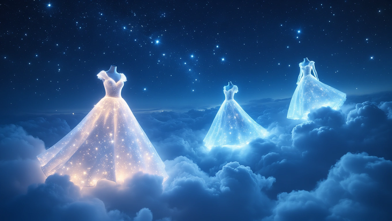 Drei leuchtende Kleider schweben in einem sternenklaren Himmel über Wolken.