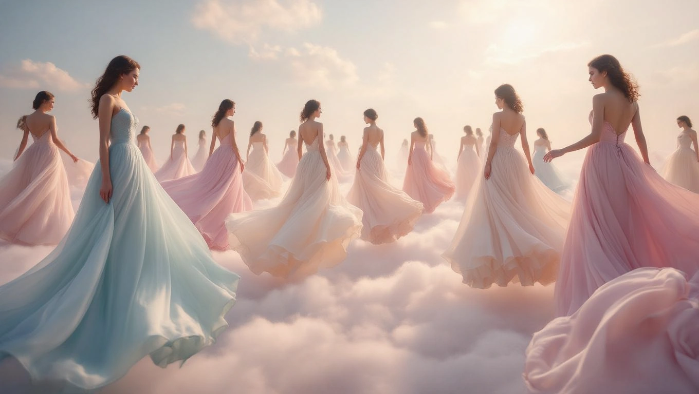 Mehrere Frauen in eleganten, fließenden Kleidern schweben über Wolken.