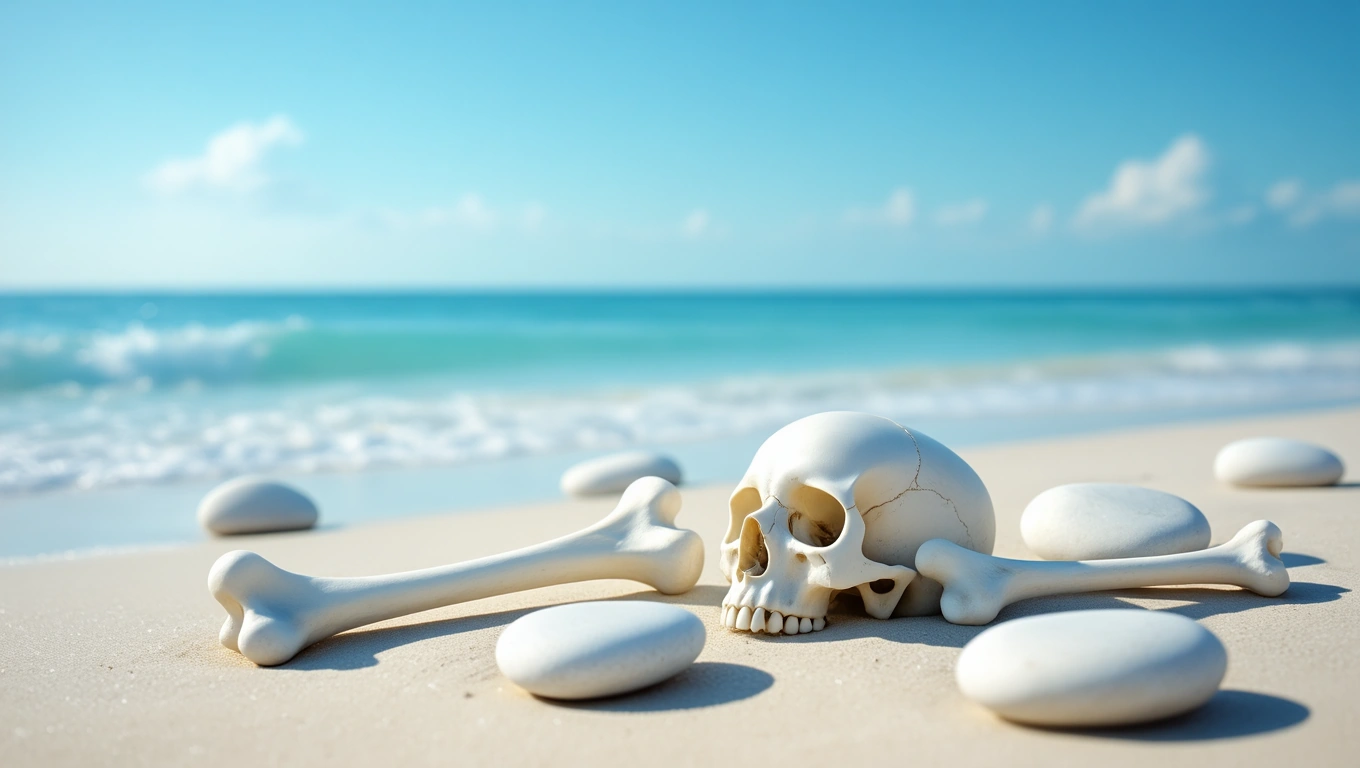 Ein menschliches Skelett liegt am Strand, umgeben von glatten Steinen und dem Meer.
