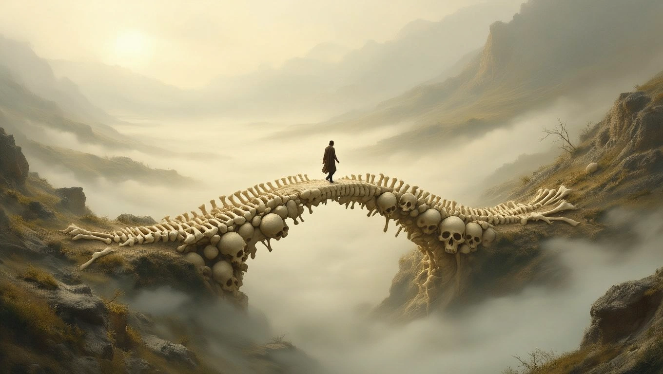 Eine Person geht über eine Brücke aus Knochen und Schädeln in einer nebligen Landschaft.