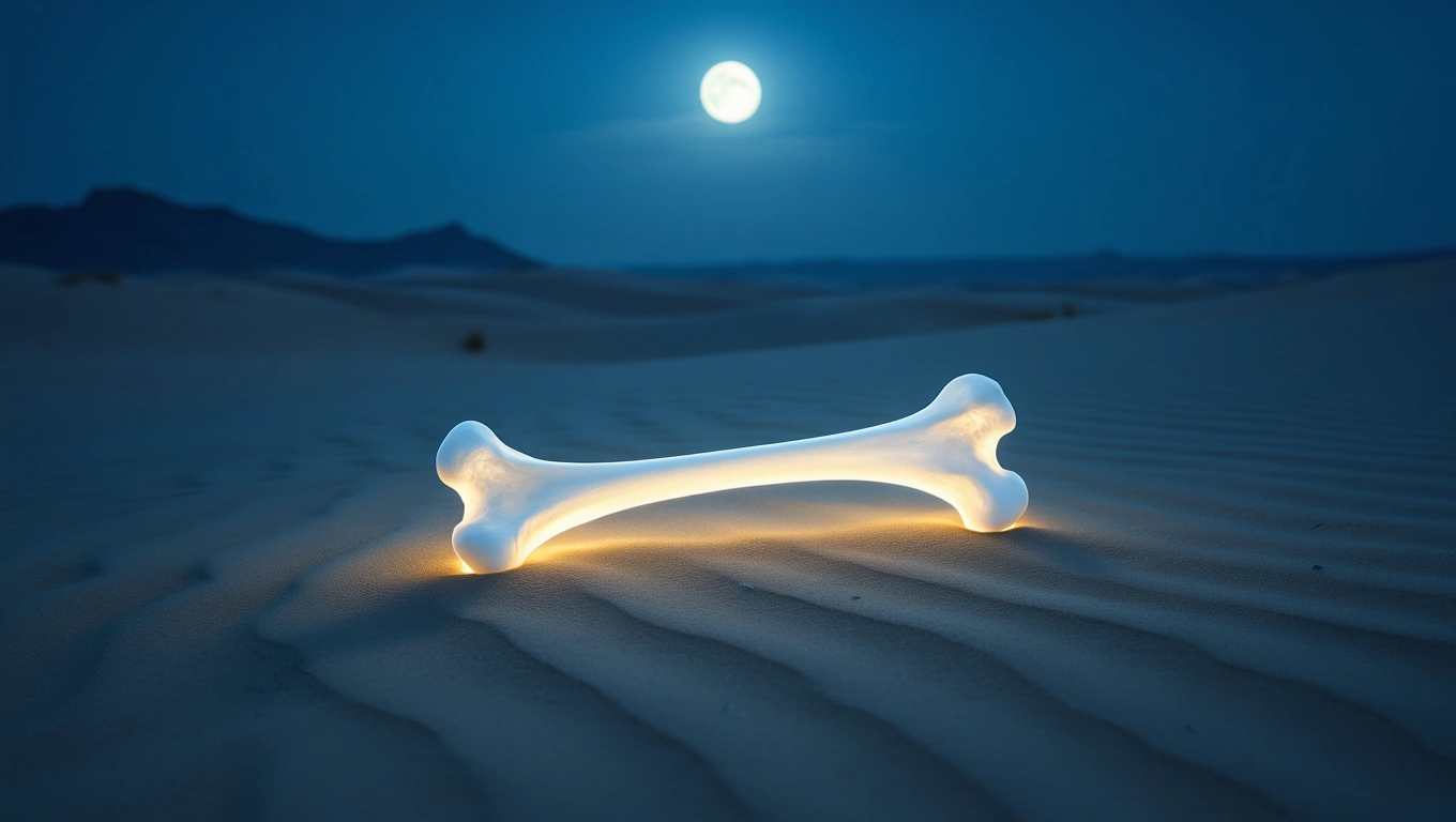 Ein leuchtender Knochen liegt in der Wüste unter dem Mondlicht.
