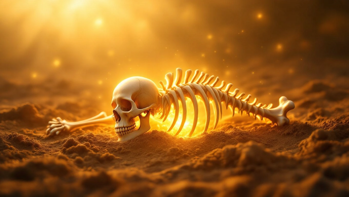 Ein Skelett liegt im Sand, umgeben von goldenem Licht, symbolisiert Stärke.