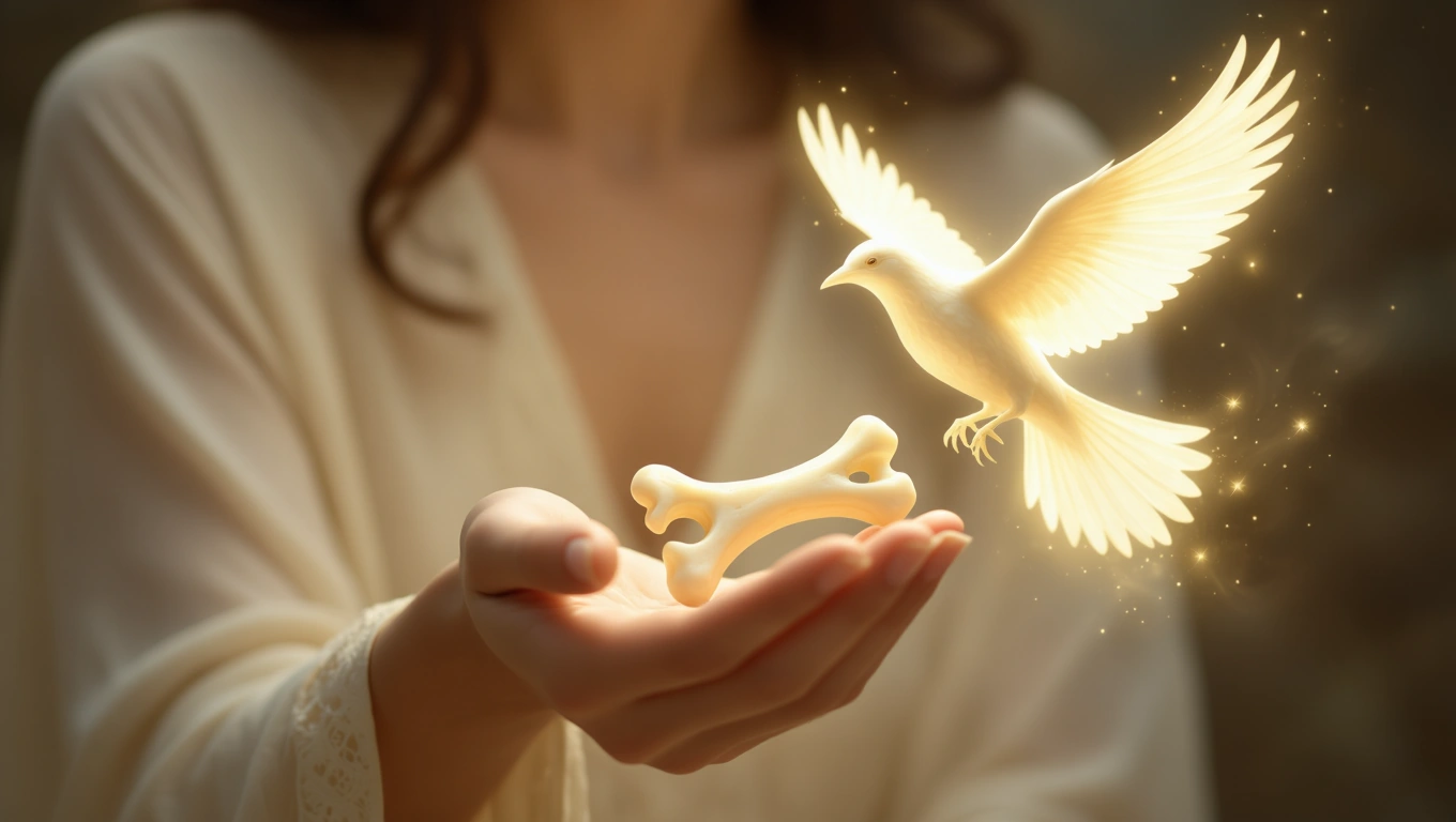 Eine Hand hält einen Knochen, während ein leuchtender Vogel darüber schwebt.