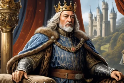 Ein majestätischer König in prächtiger Robe sitzt auf seinem Thron.