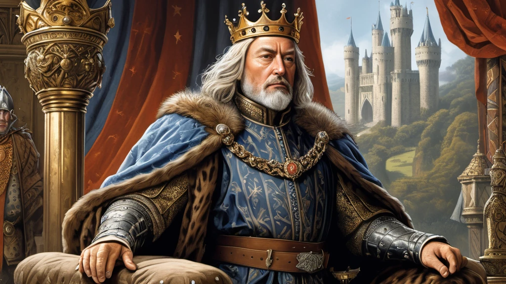 Ein majestätischer König in prächtiger Robe sitzt auf seinem Thron.