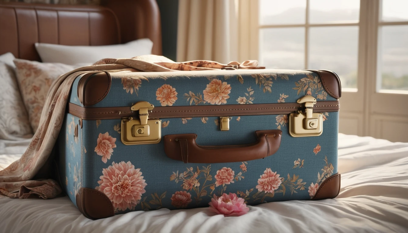 Ein blauer Koffer mit floralen Mustern auf einem Bett, symbolisiert Reisen und Veränderungen.