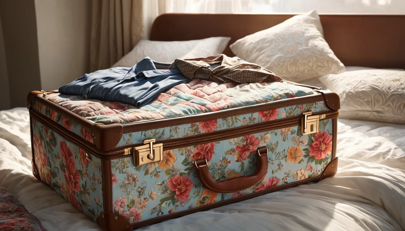 Ein farbenfroher Koffer mit Kleidung auf einem Bett, symbolisiert Reisen und Veränderungen.