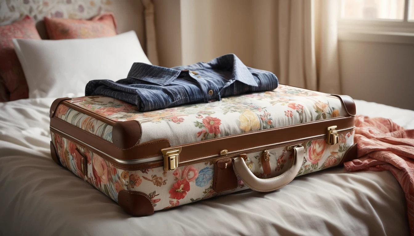 Ein dekorativer Koffer mit einem Hemd auf der Oberseite, symbolisiert Reisen und Veränderungen.