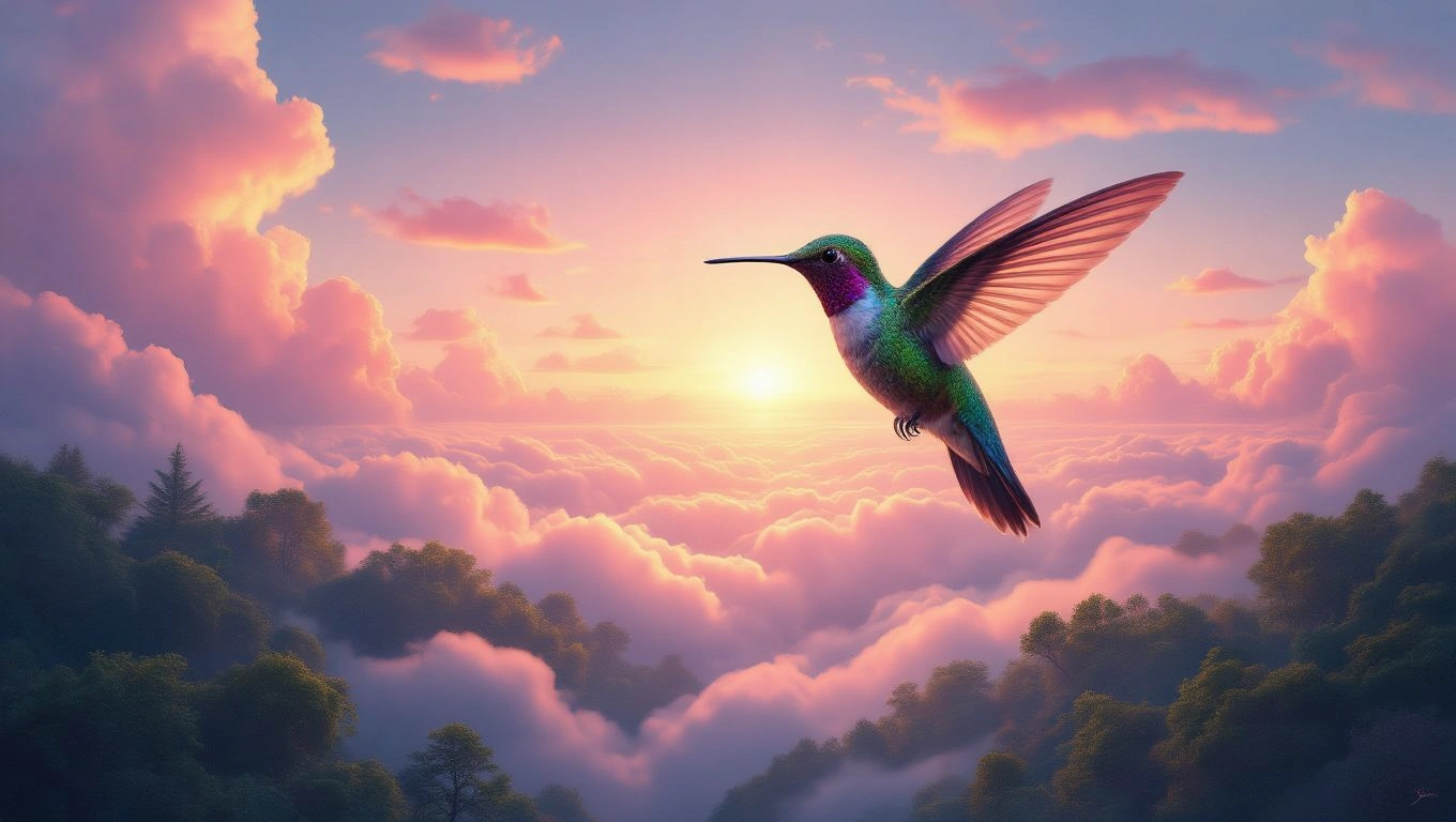 Ein Kolibri schwebt majestätisch über bunten Wolken bei Sonnenuntergang.