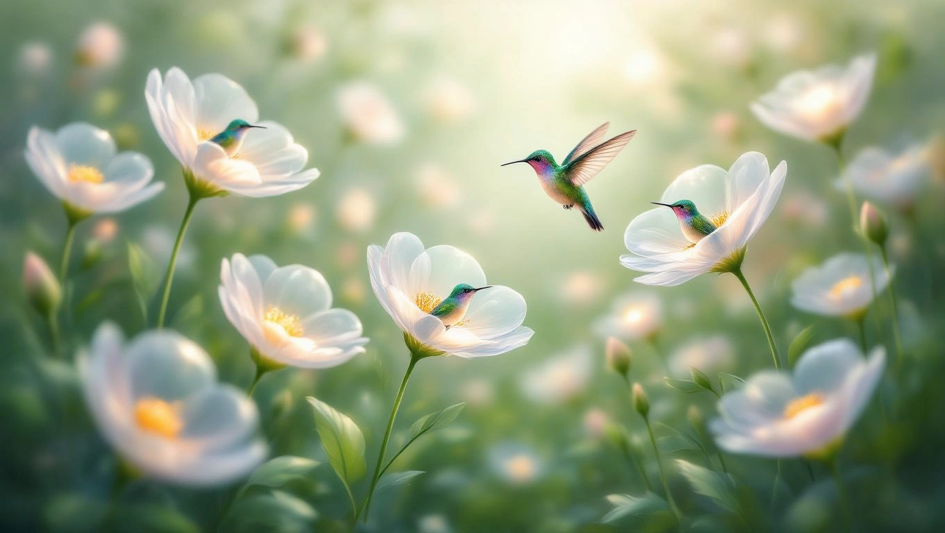 Ein Kolibri schwebt über blühenden Blumen in sanften Farben.