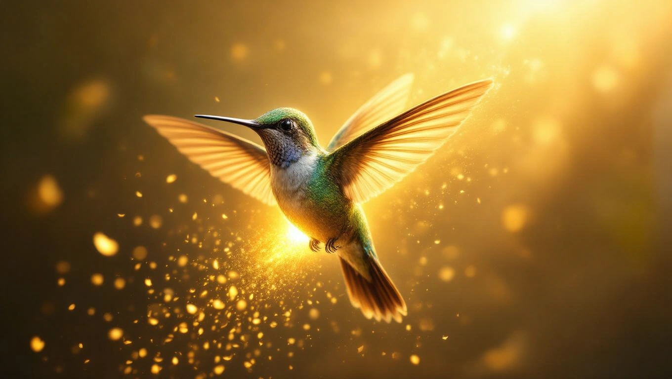Ein Kolibri schwebt in goldenem Licht und strahlt Freude und Leichtigkeit aus.